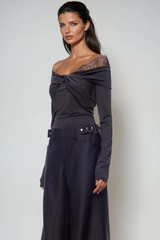 Dugald Lace Off Shoulder Twist Top In Black