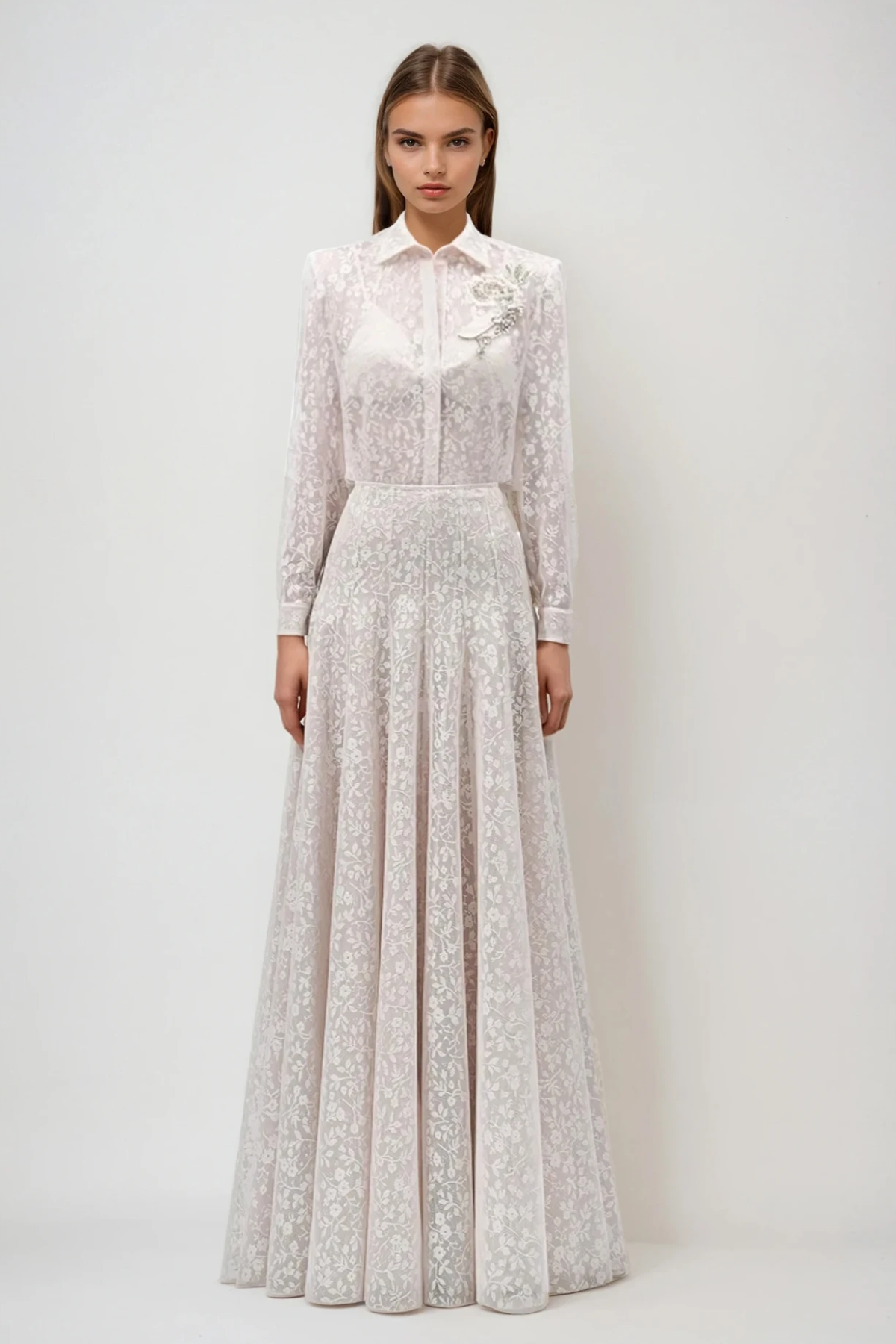 Du Embroidered Floral Lace Skirt Set