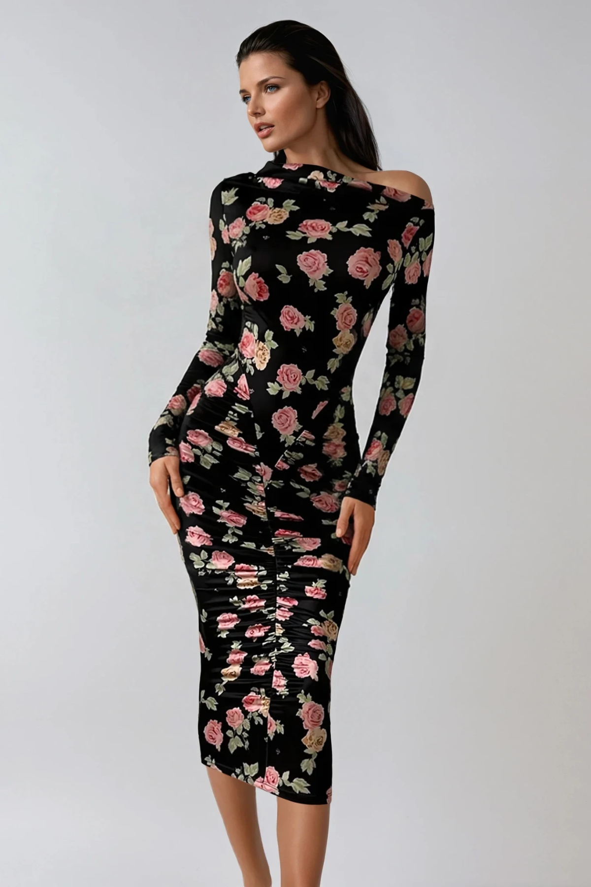 Dominiks Floral Bodycon Ruch Midi Dress In Black