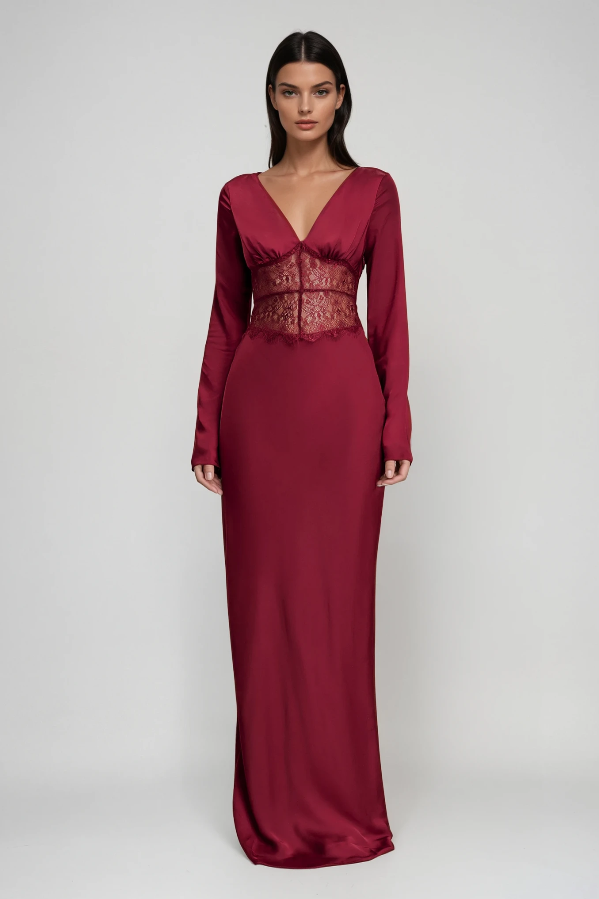 Bowie Long Sleeve Lace Plunge Maxi Dress
