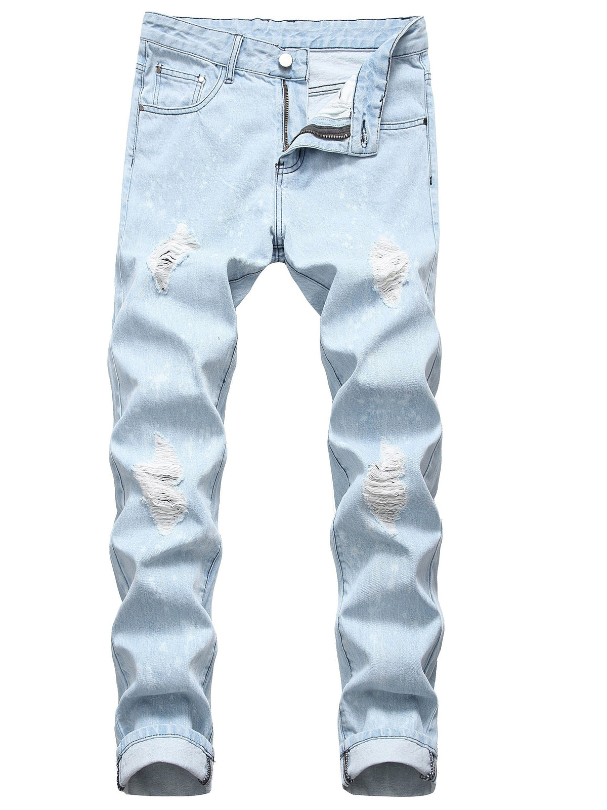 Men wear ripped light blue jeans