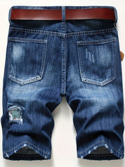 Men's Denim Shorts Summer Ripped Random Patch Men's Mid-pants Slim Shorts Straight-legged Wear Men's Pants European And American, No Belts