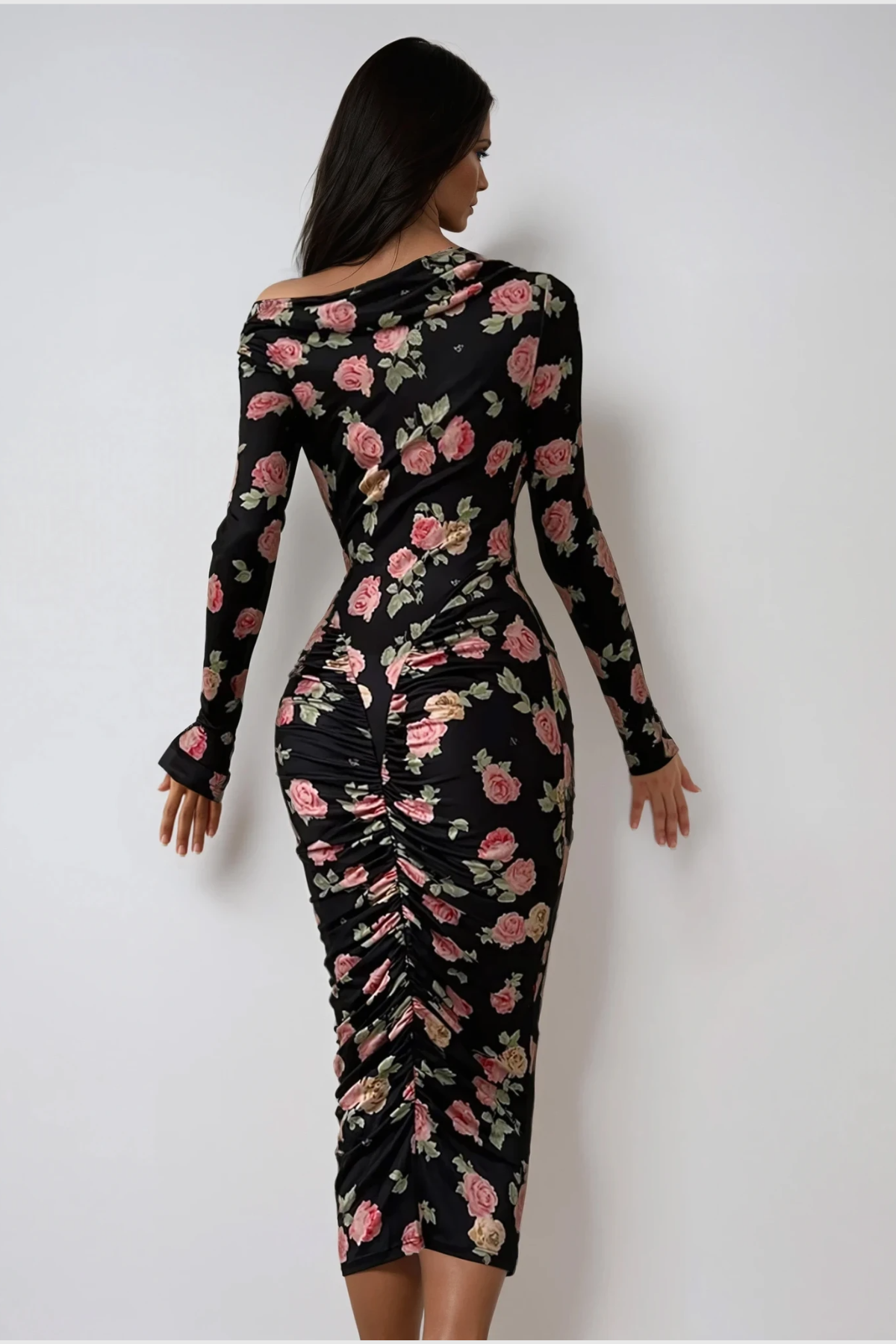 Dominiks Floral Bodycon Ruch Midi Dress In Black