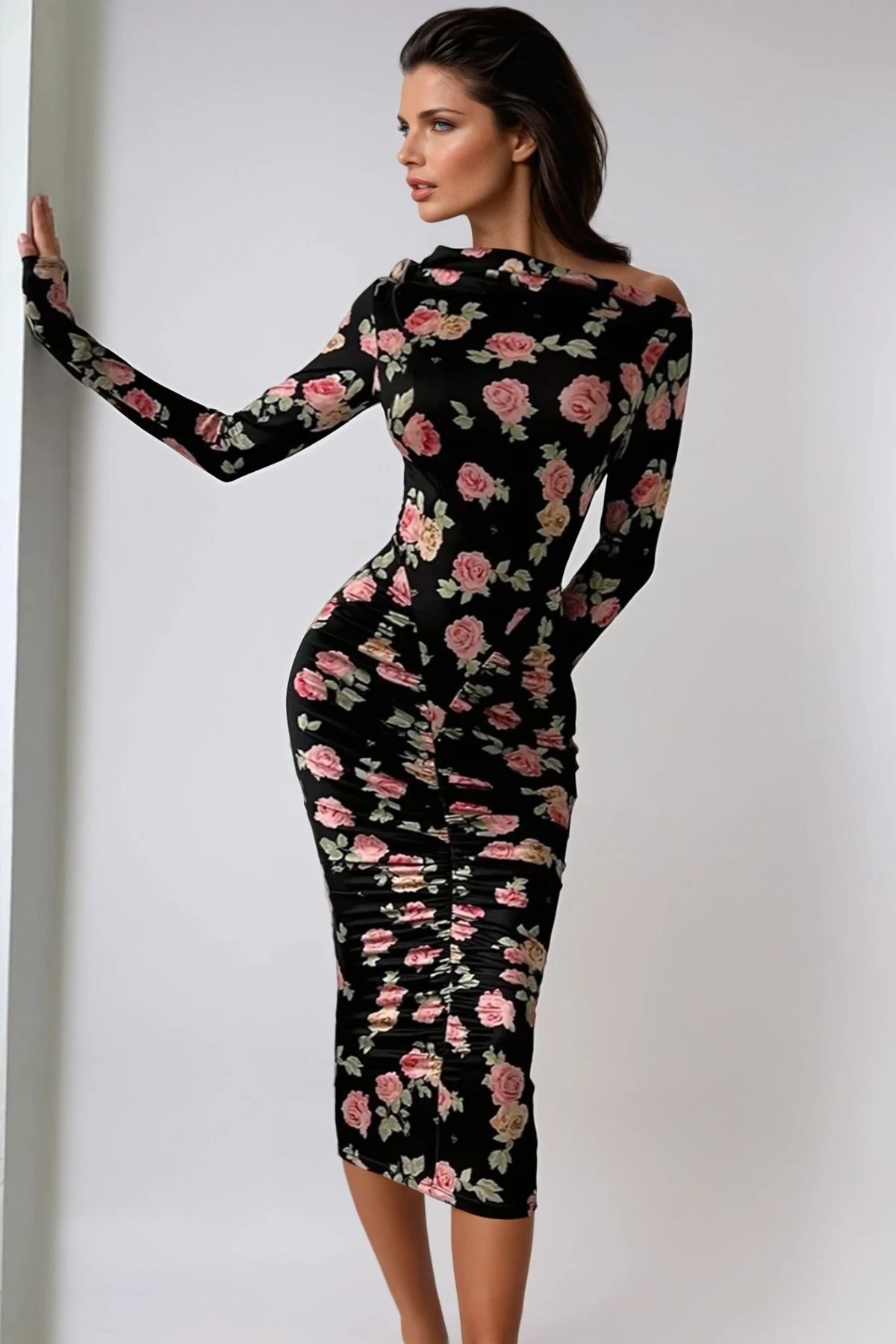 Dominiks Floral Bodycon Ruch Midi Dress In Black