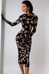 Dominiks Floral Bodycon Ruch Midi Dress In Black