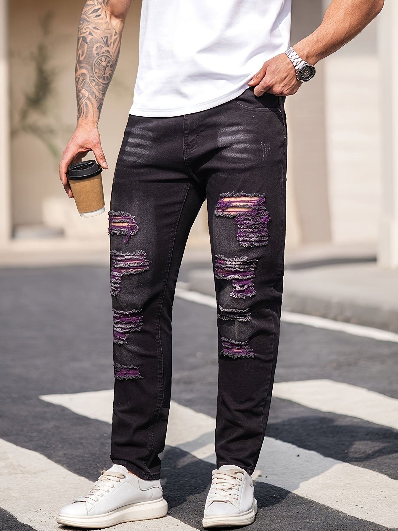 Men's Black Ripped Jeans; Stretchable Denim Pants; Slim-fit Casual Trousers