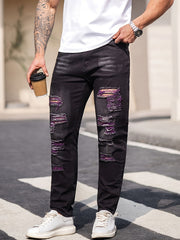 Men's Black Ripped Jeans; Stretchable Denim Pants; Slim-fit Casual Trousers