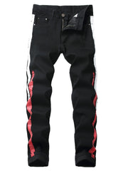 Men's stretch black jeans with striped webbing