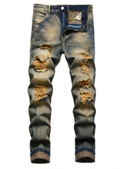 Designer Brown Straight Leg Comfort Flex Jeans - Ripped Slim Fit, Distressed, Regular Fit, Fashionable Pants for Men - Perfect for Casual Daily Wear
