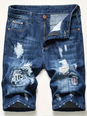 Men's Denim Shorts Summer Ripped Random Patch Men's Mid-pants Slim Shorts Straight-legged Wear Men's Pants European And American, No Belts