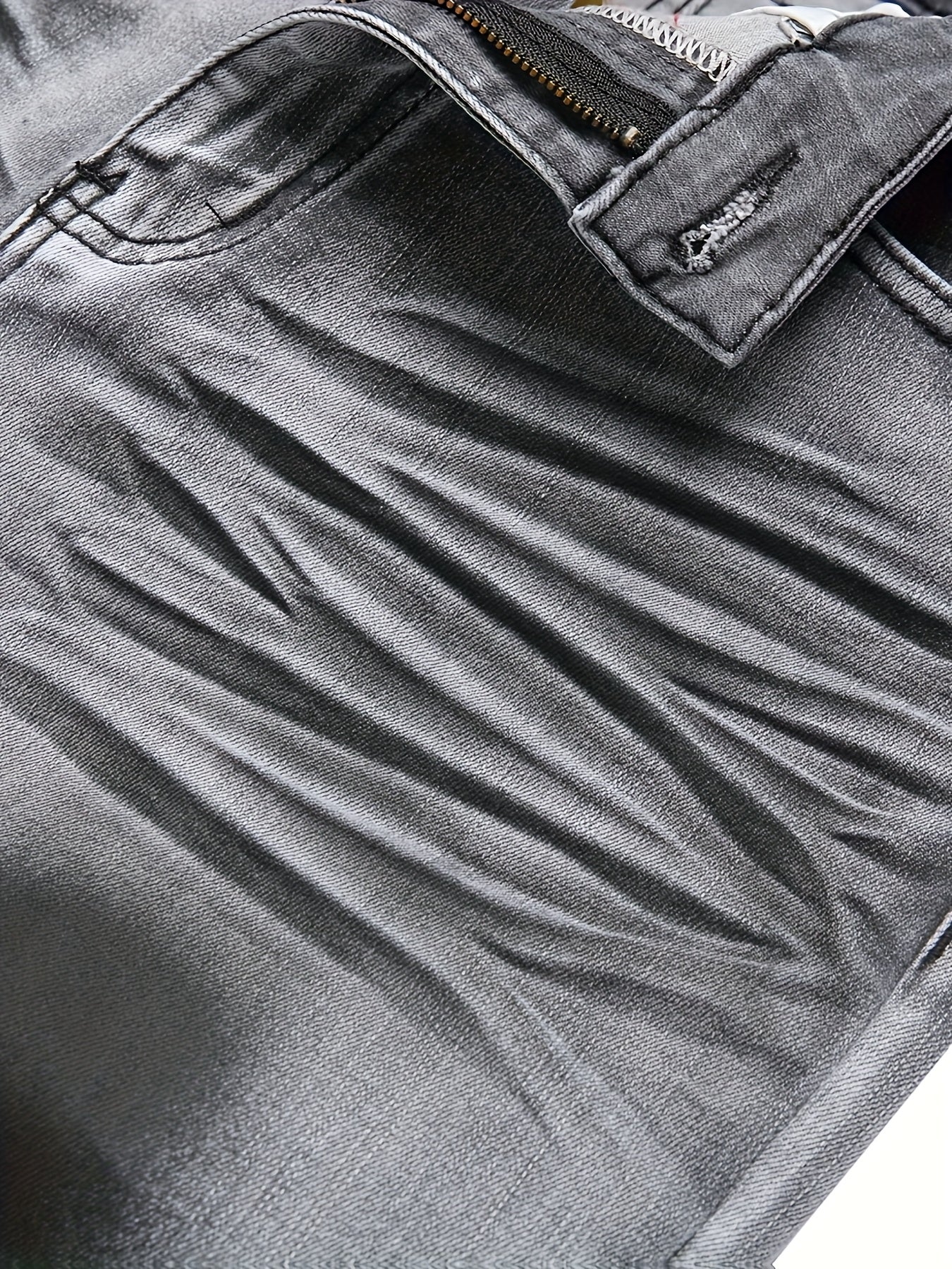 Men's Slim-Fit Gray Coated Denim Jeans - Stretch Print, Street Style, Machine Washable, Mid-Rise, All-Season Wear