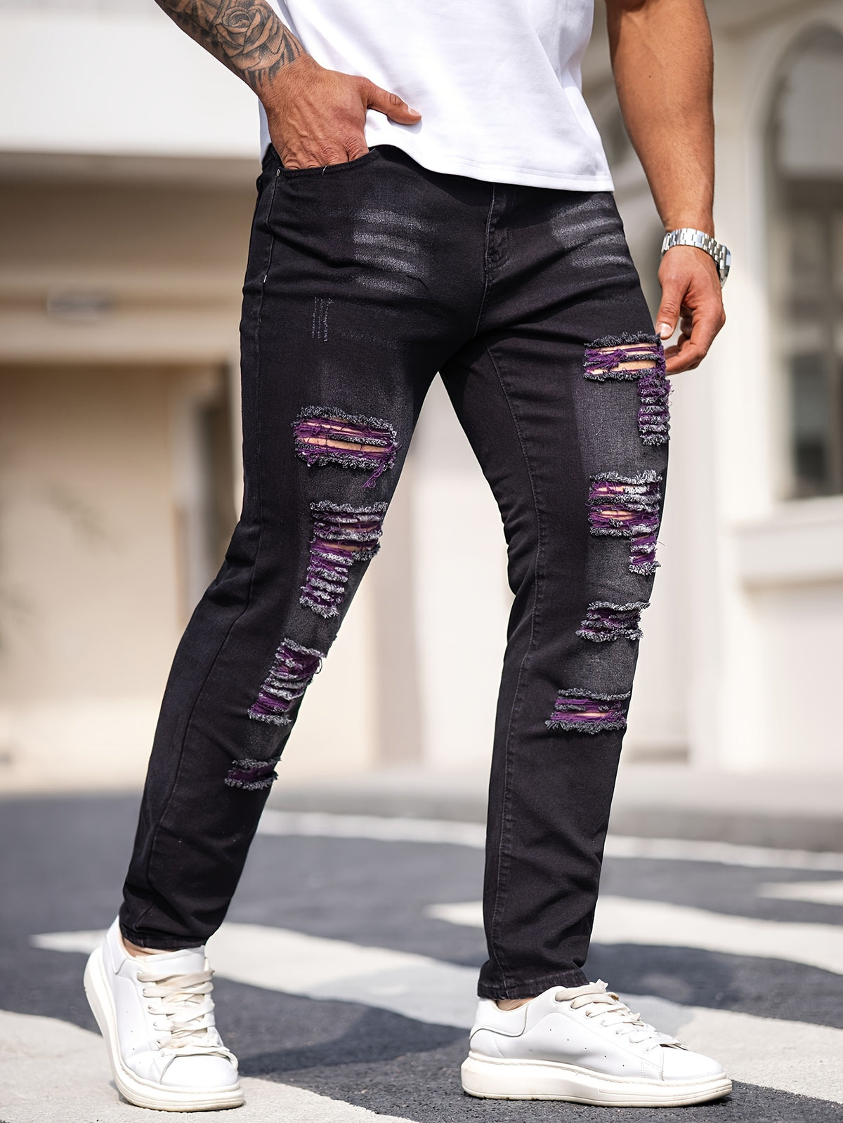 Men's Black Ripped Jeans; Stretchable Denim Pants; Slim-fit Casual Trousers