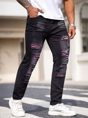 Men's Black Ripped Jeans; Stretchable Denim Pants; Slim-fit Casual Trousers