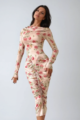 Dominiks Floral Bodycon Ruch Midi Dress In Pink