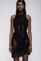 Davion Halter Neck Ruch Asymmetric Mini Dress In Black