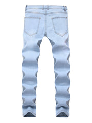 Stretch Skinny Ripped Jeans Men's Stretch Skinny Ripped Jeans, Light Blue Embroidered Retro Fashion Slim Fit Men's Jeans (1868)