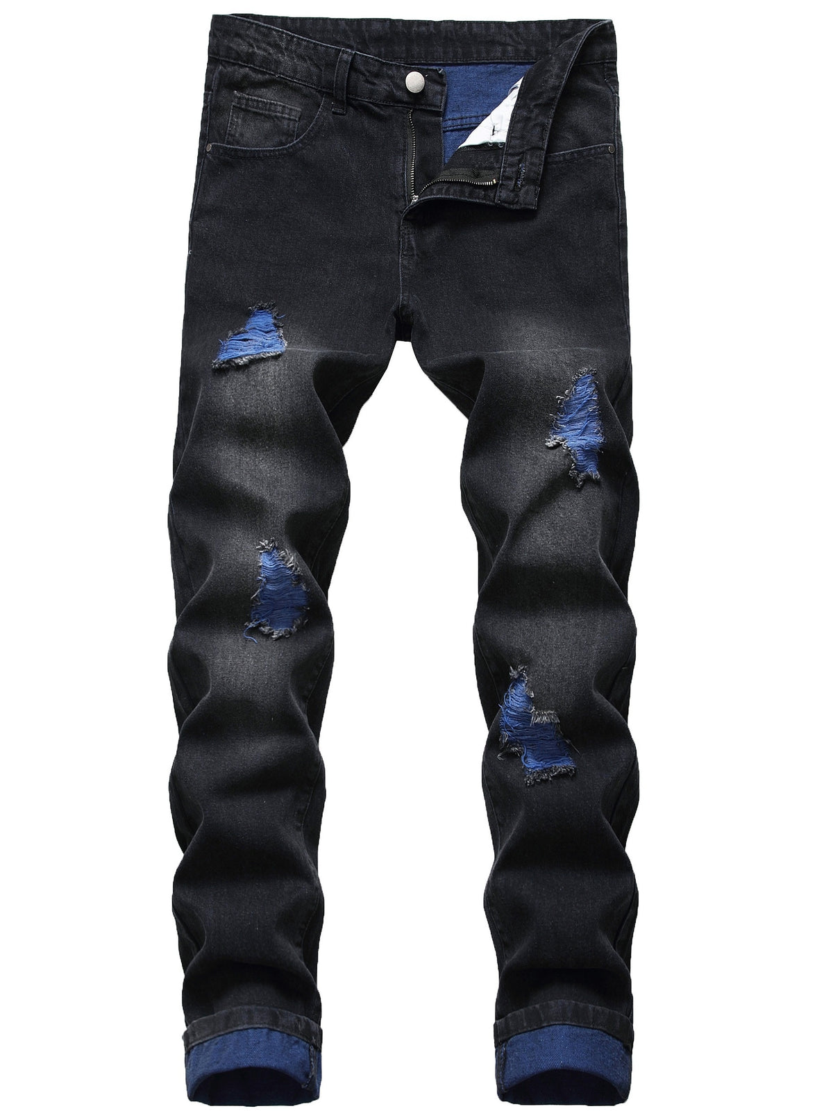 Men's black ripped slim jeans blue ripped trousers
