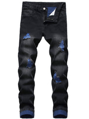 Men's black ripped slim jeans blue ripped trousers