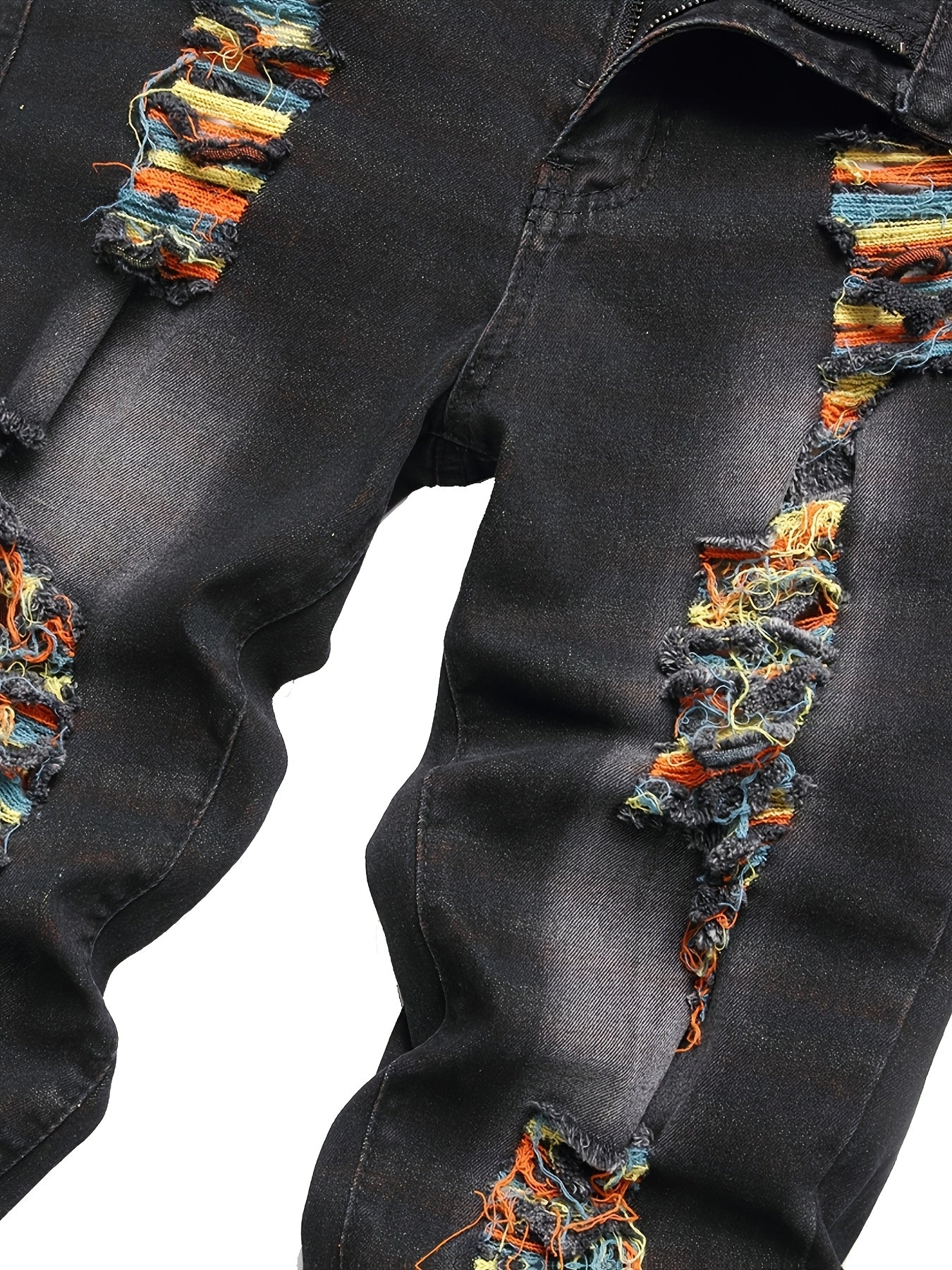 Men'S Black Jeans; Ripped Jeans; Multi-color Large Ripped Denim Trousers; Orange; Yellow; Blue Ripped Jeans