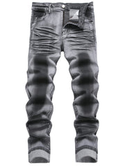 Men's Slim-Fit Gray Coated Denim Jeans - Stretch Print, Street Style, Machine Washable, Mid-Rise, All-Season Wear