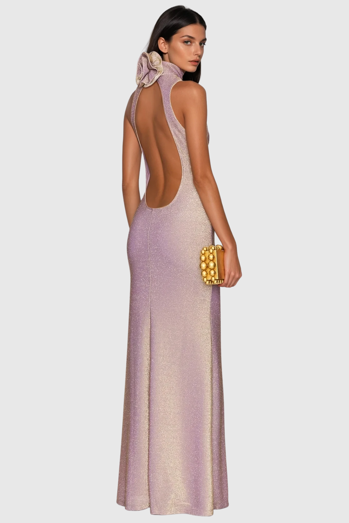 Farkhod Backless Flower Glitter Maxi Dress