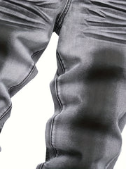Men's Slim-Fit Gray Coated Denim Jeans - Stretch Print, Street Style, Machine Washable, Mid-Rise, All-Season Wear