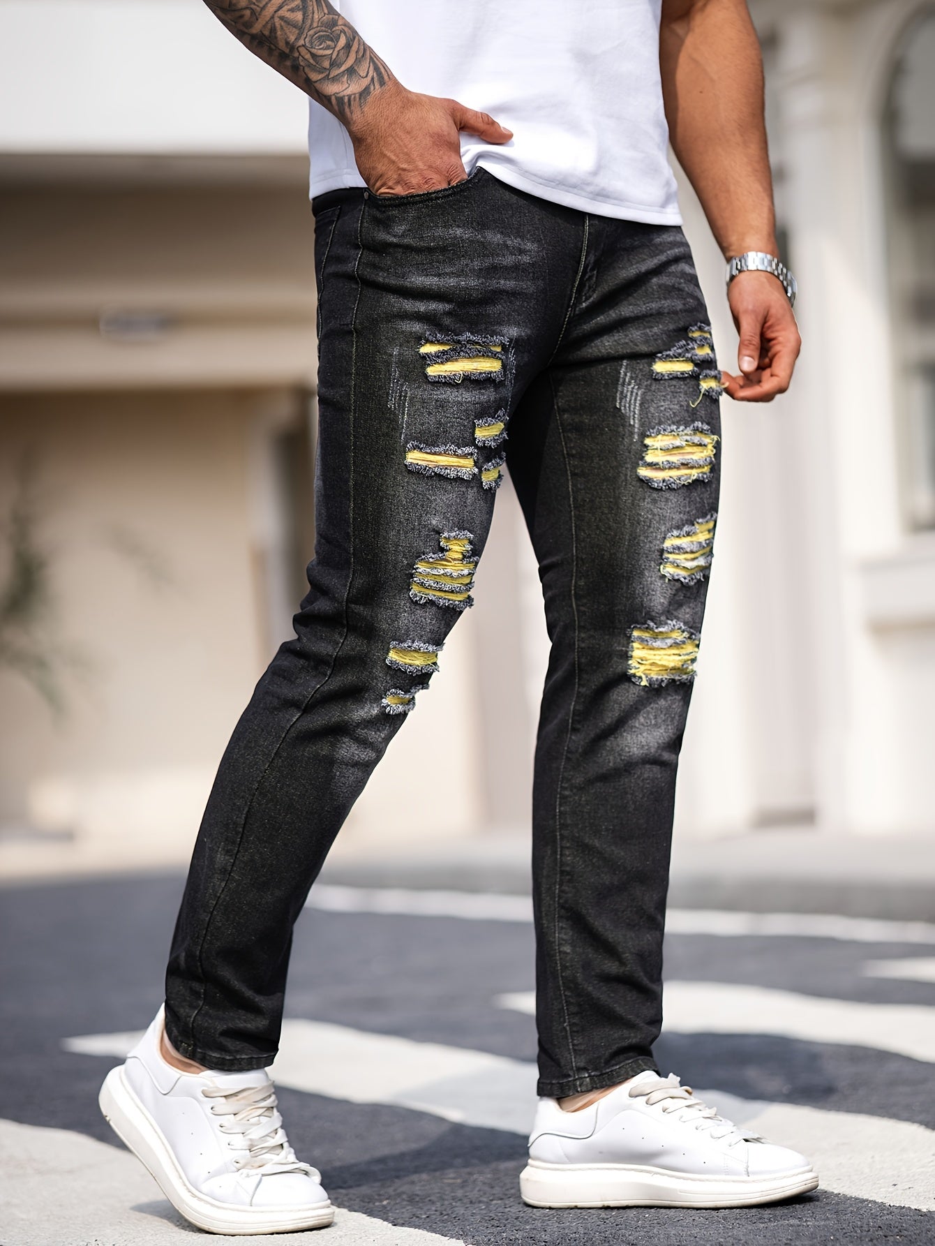 Men'S Black Jeans; Ripped Stretchy Denim Trousers; Casual Fashionable Yellow Ripped Pants
