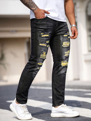 Men'S Black Jeans; Ripped Stretchy Denim Trousers; Casual Fashionable Yellow Ripped Pants