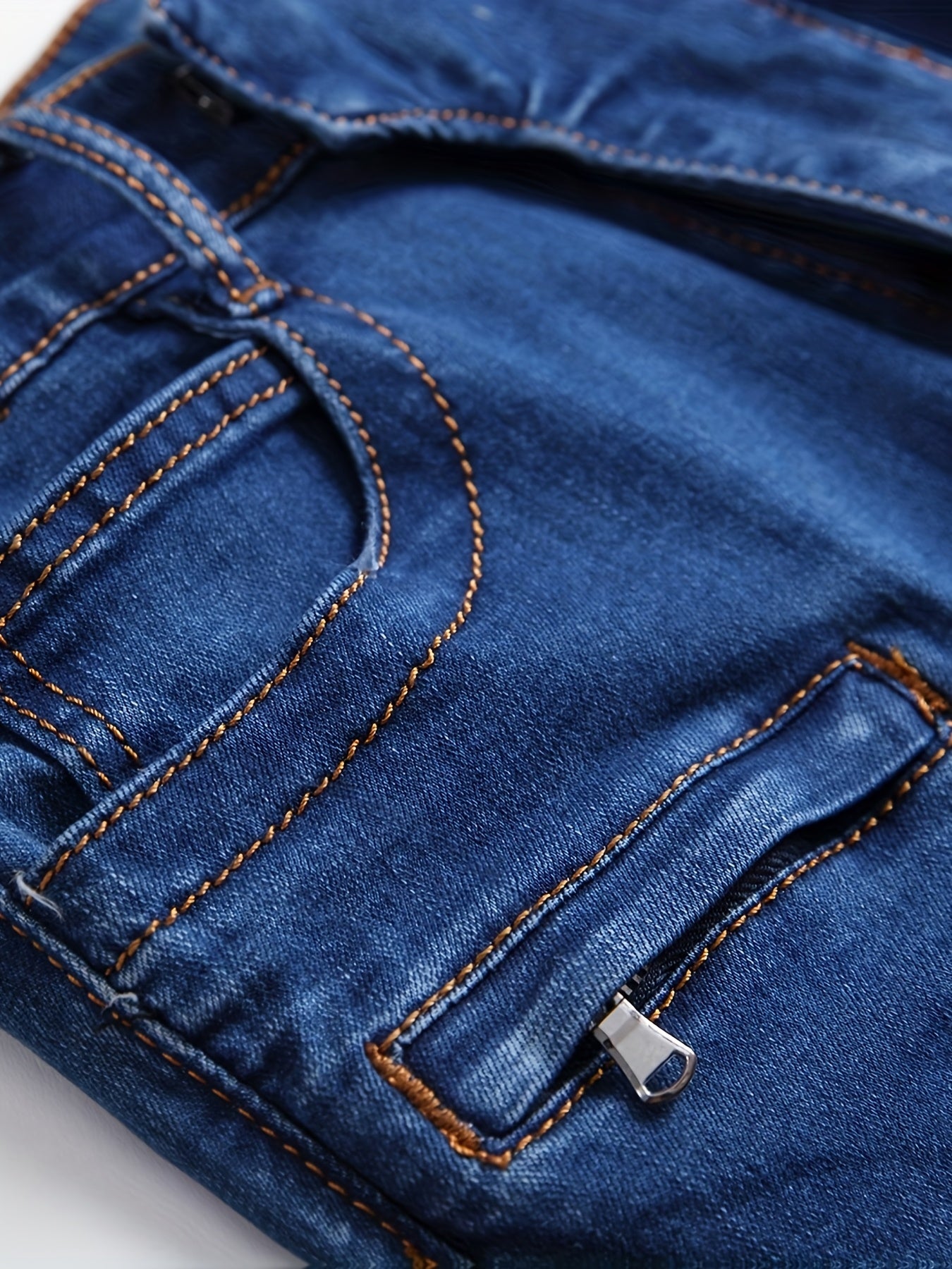 Men'S Motorcycle Jeans; Ripped Zipper Jeans; Stretch Denim Color-blocked Trousers;