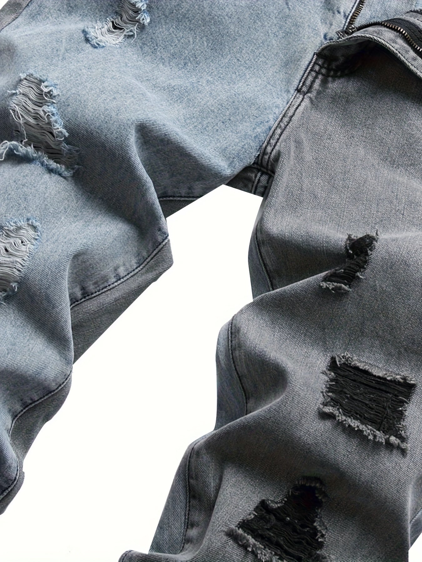 Men's jeans with holes in color matching casual straight slim trousers