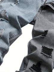 Men's jeans with holes in color matching casual straight slim trousers