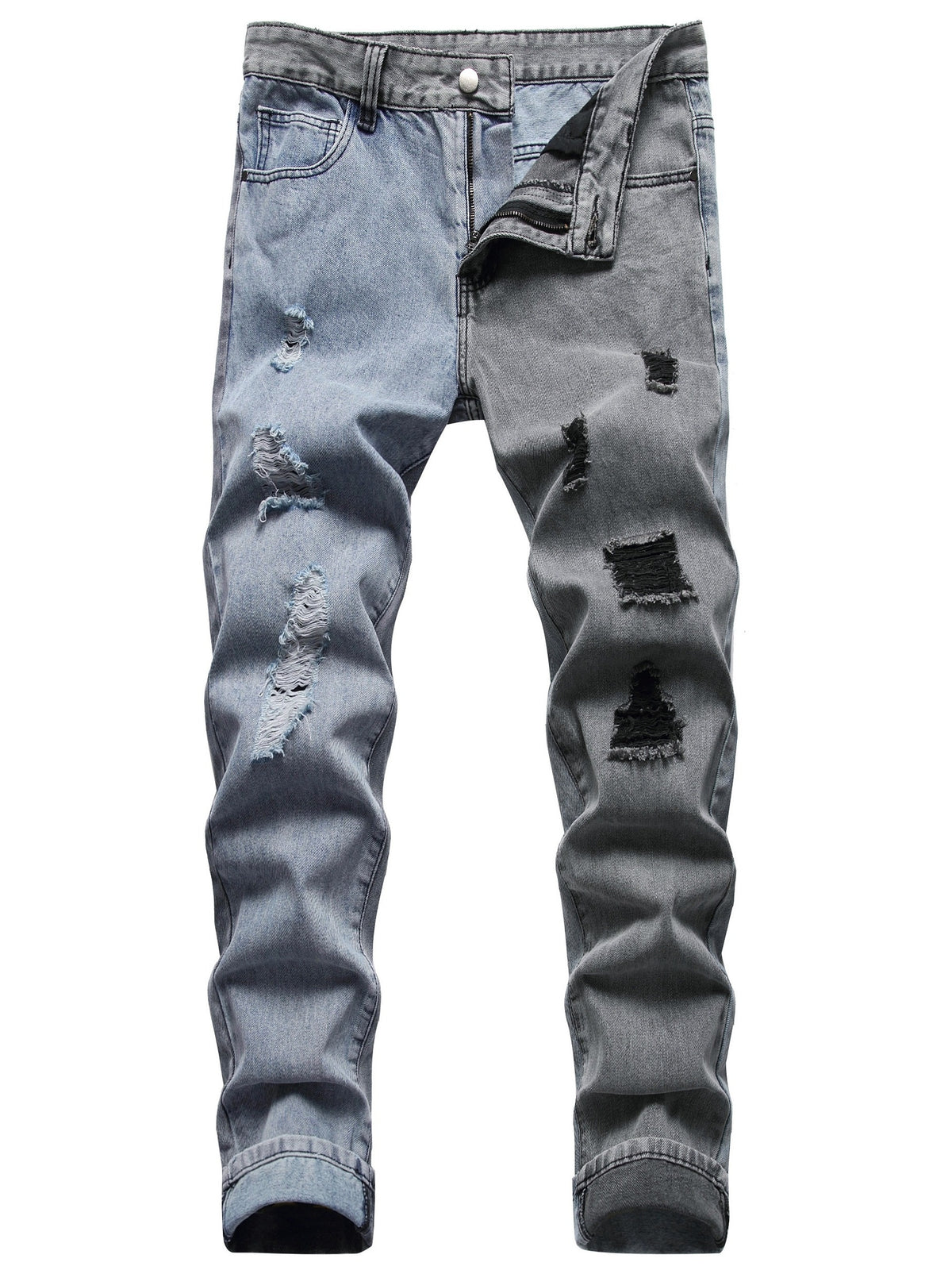 Men's jeans with holes in color matching casual straight slim trousers