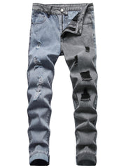 Men's jeans with holes in color matching casual straight slim trousers