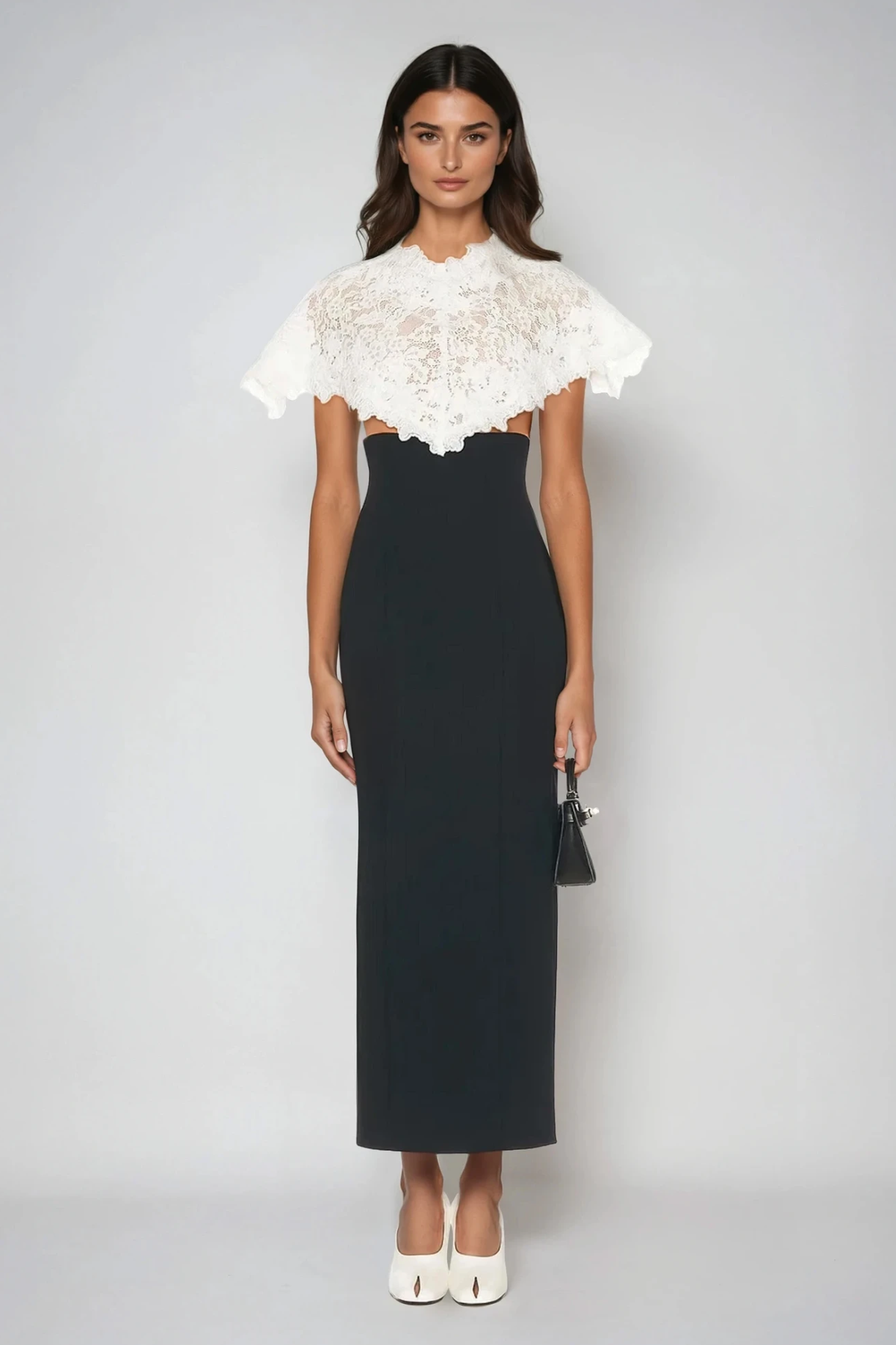 Domnica Lace Shawl Embroidered Split Midi Dress