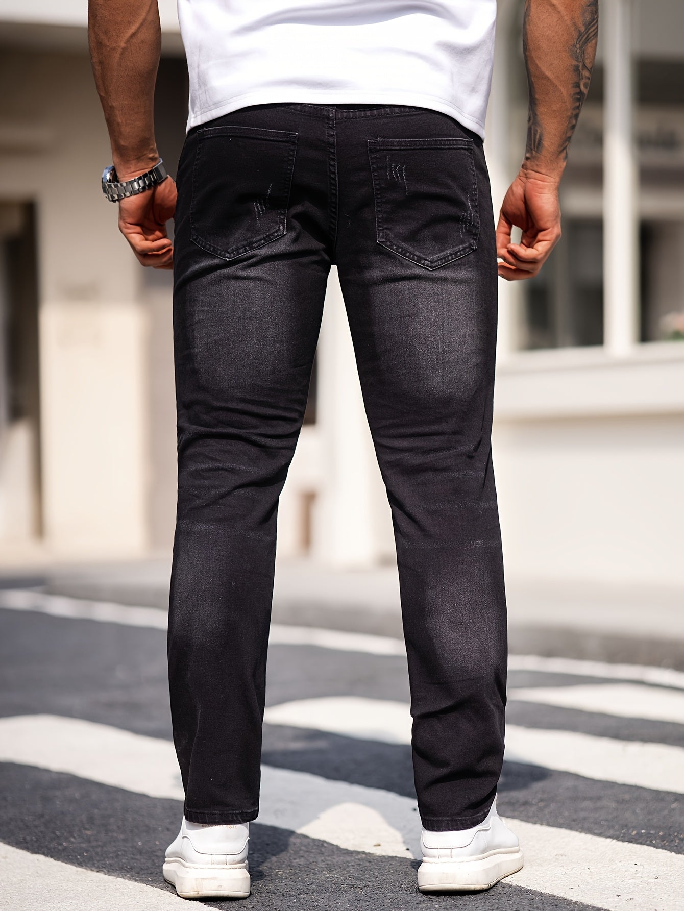 Men's Black Ripped Jeans; Stretchable Denim Pants; Slim-fit Casual Trousers