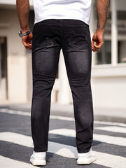 Men's Black Ripped Jeans; Stretchable Denim Pants; Slim-fit Casual Trousers