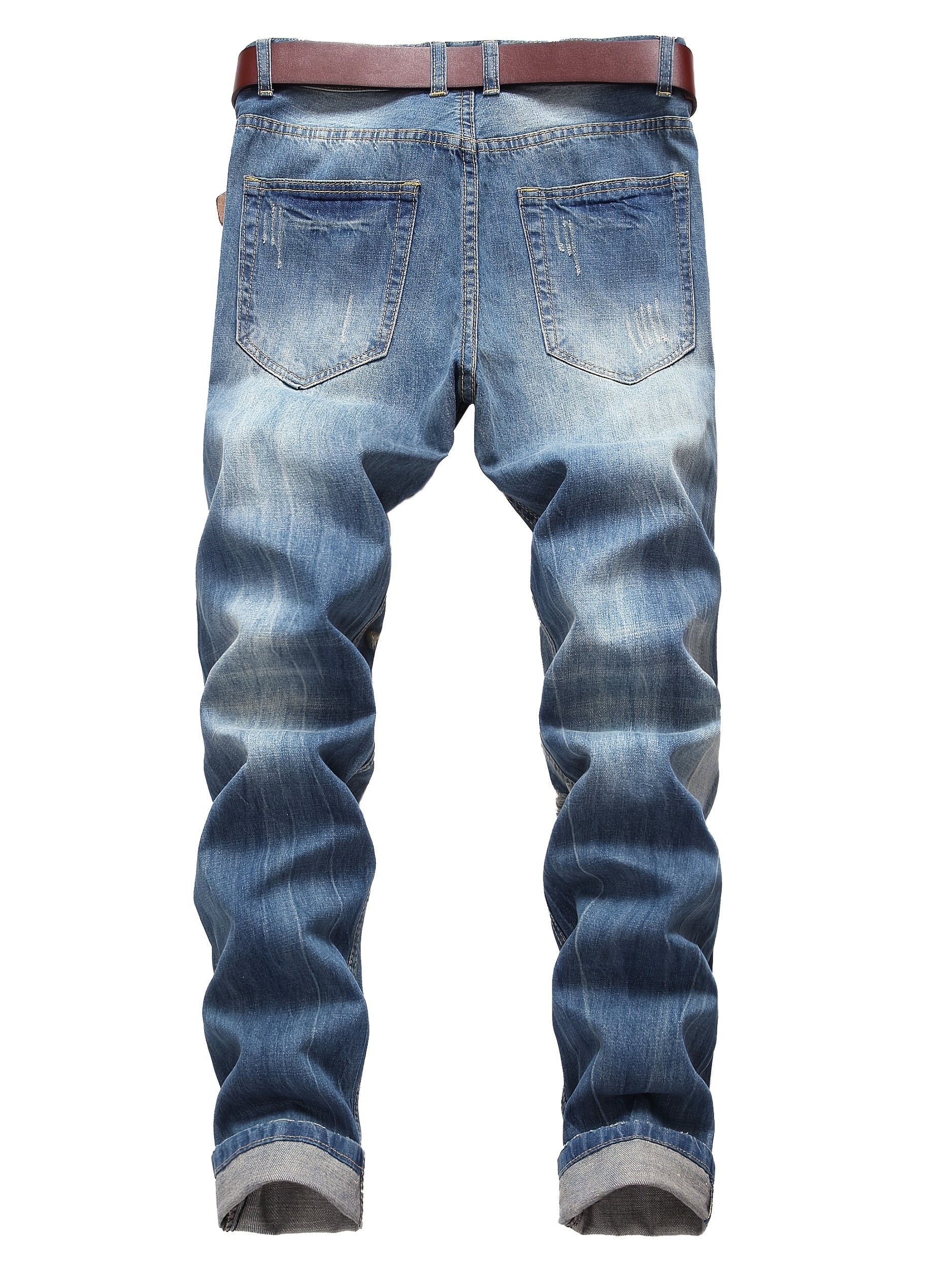 Men's Light Blue Slim-Fit Ripped Jeans - Distressed Streetwear Denim with Pre-Designed Tears, Machine Washable & Built- Zipper for Easy Wear, All-Season Casual Pants for Teens & Young Adults, Teenage Fashion, Streetstyle Clothing, Midwash Denim