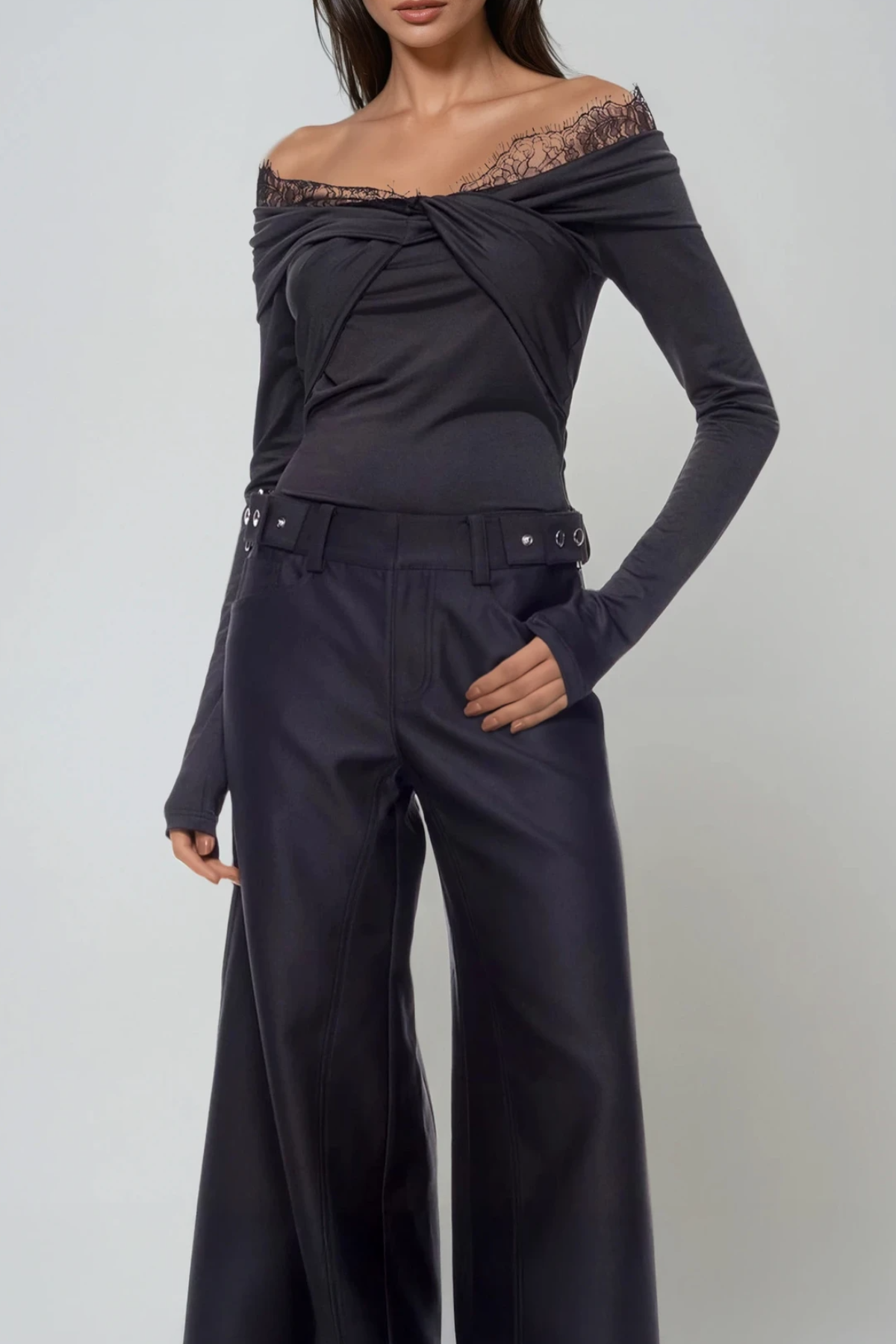 Dugald Lace Off Shoulder Twist Top In Black