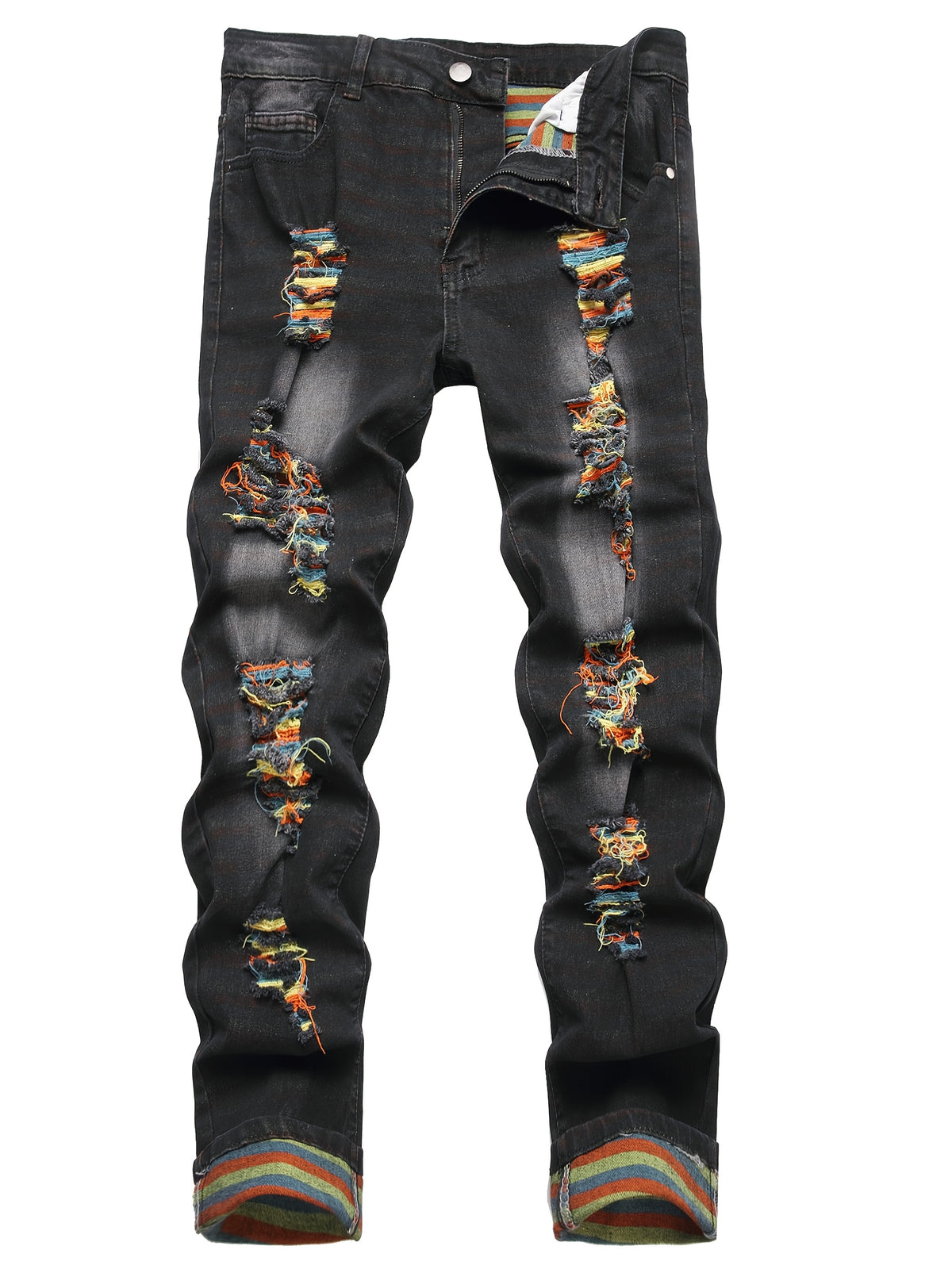 Men'S Black Jeans; Ripped Jeans; Multi-color Large Ripped Denim Trousers; Orange; Yellow; Blue Ripped Jeans