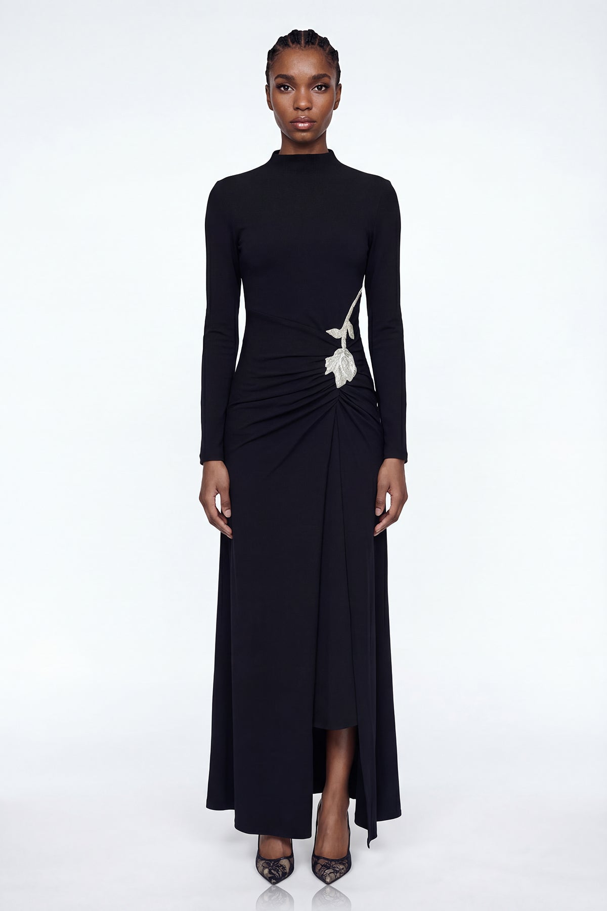 Adobe Long Sleeve Rhinestone Flower Maxi Dress In Black