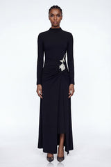 Adobe Long Sleeve Rhinestone Flower Maxi Dress In Black