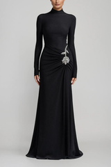 Adobe Long Sleeve Rhinestone Flower Maxi Dress In Black