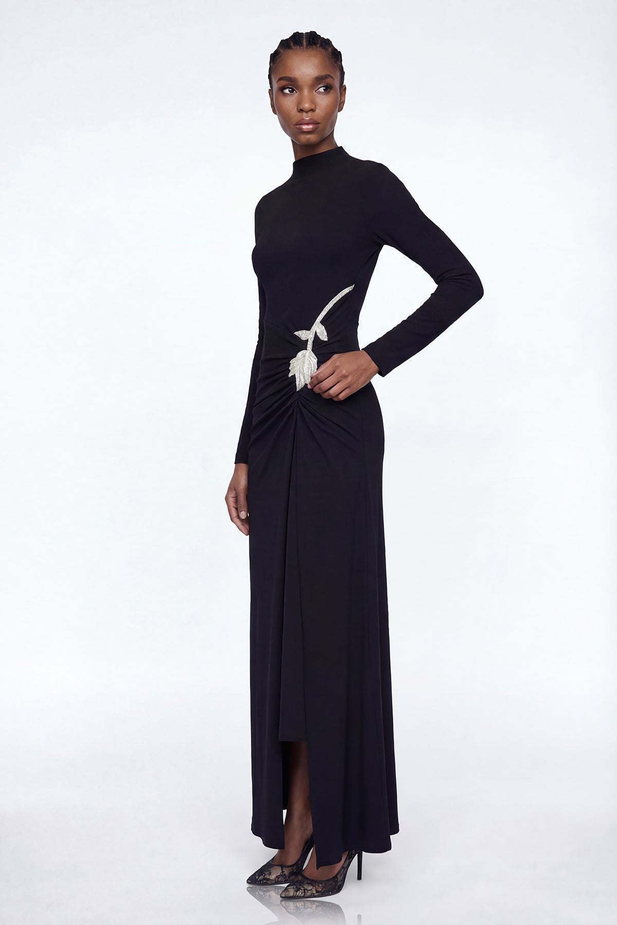 Adobe Long Sleeve Rhinestone Flower Maxi Dress In Black