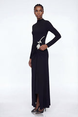 Adobe Long Sleeve Rhinestone Flower Maxi Dress In Black