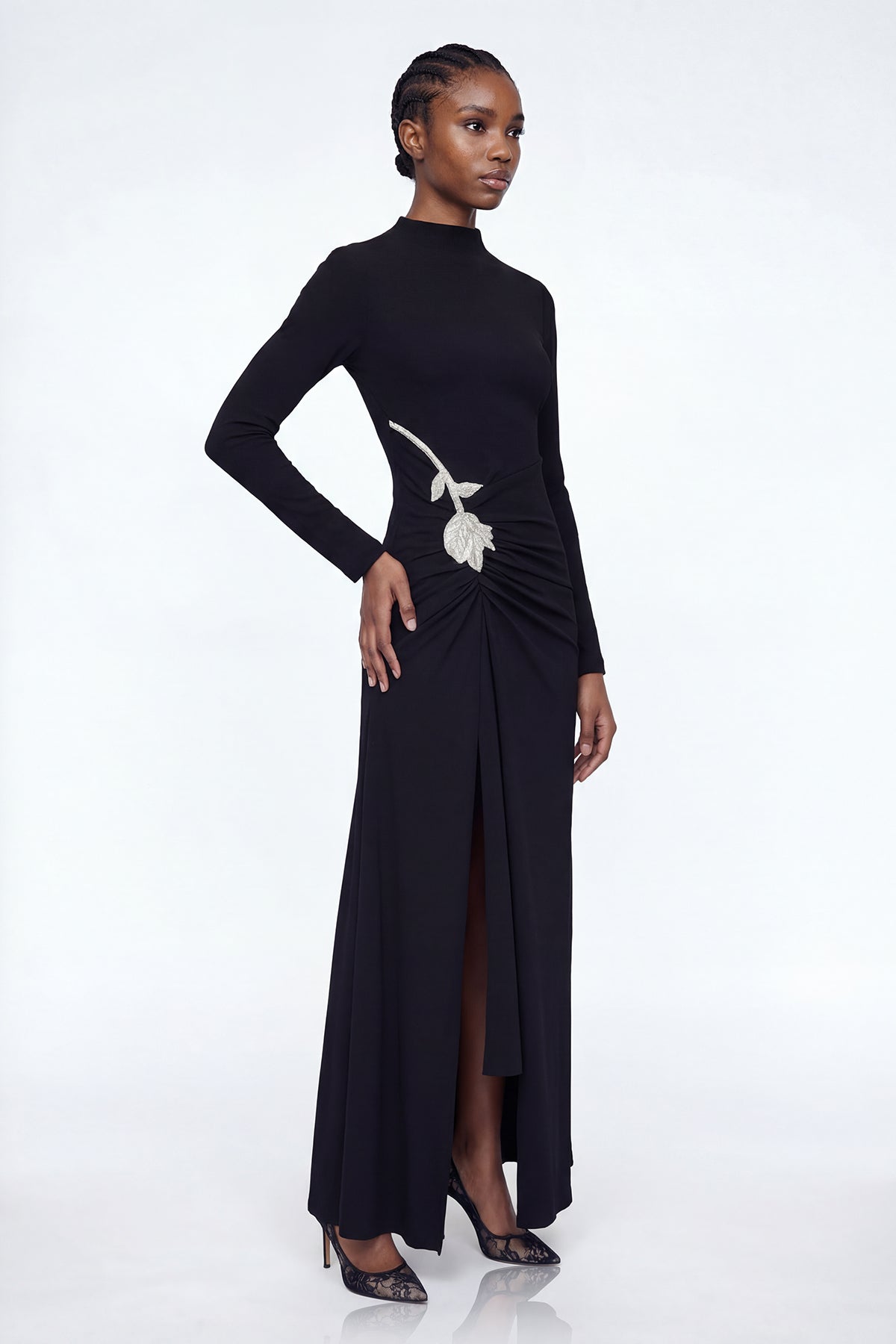 Adobe Long Sleeve Rhinestone Flower Maxi Dress In Black