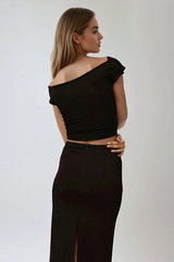 Alusia Off Shoulder Ruch Mesh Top In Black