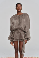 Aminah Balloon Sleeve Ruch Ruffle Mini Dress In Brown