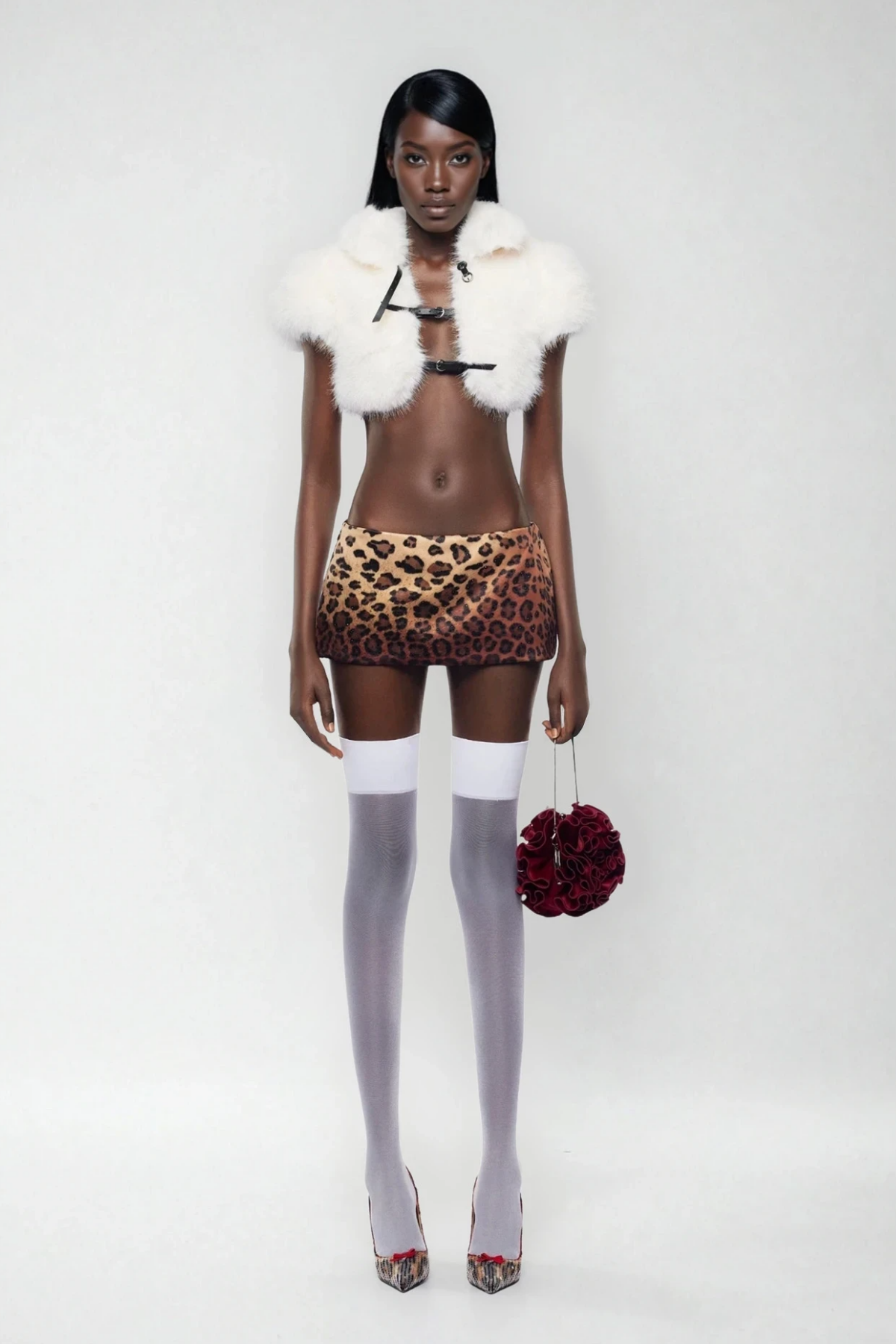 Amytis Faux Fur Cutout Crop Top In White