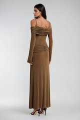 Annmarie Off Shoulder Ruch Maxi Dress In Brown