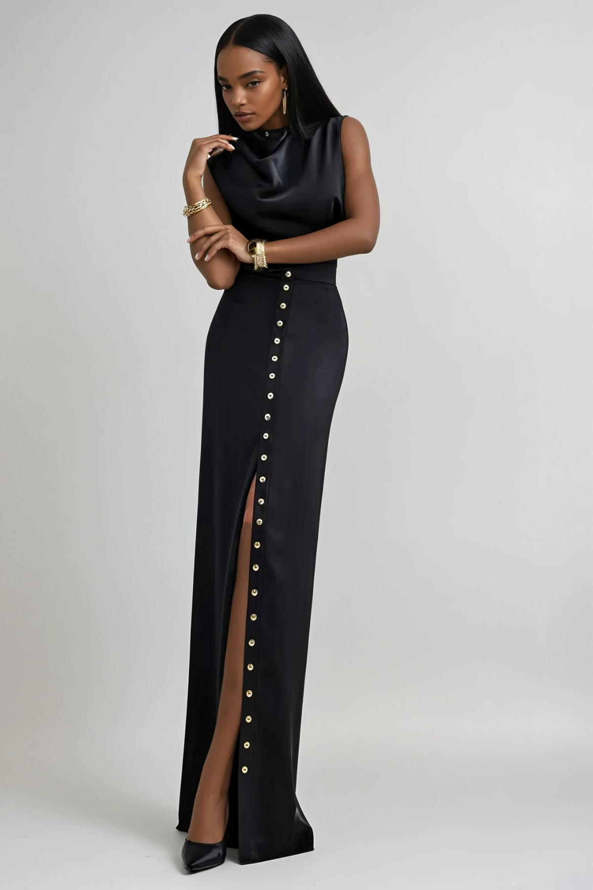Anselm Button Sleeveless Skirt Set In Black